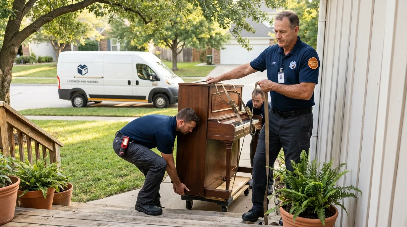 Licensed piano movers securing grand piano in Washington, NJ
