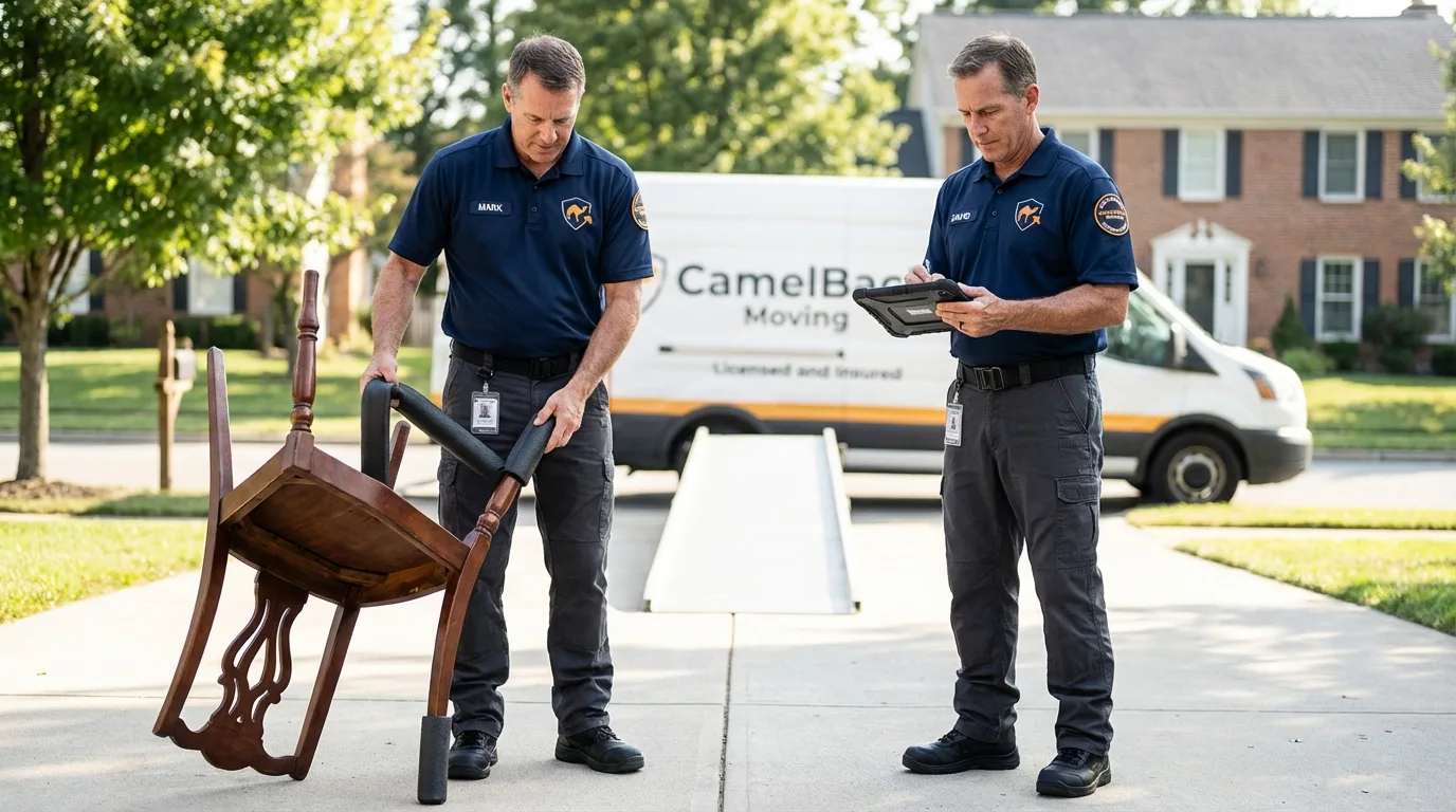 Movers inspecting furniture for damage prevention before loading in Washington, NJ