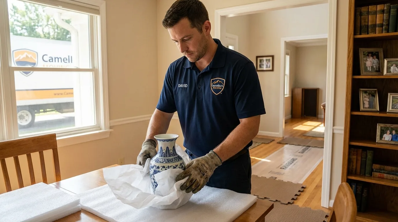 Professional crew carefully wrapping antique vase for senior downsizing move in Washington, NJ